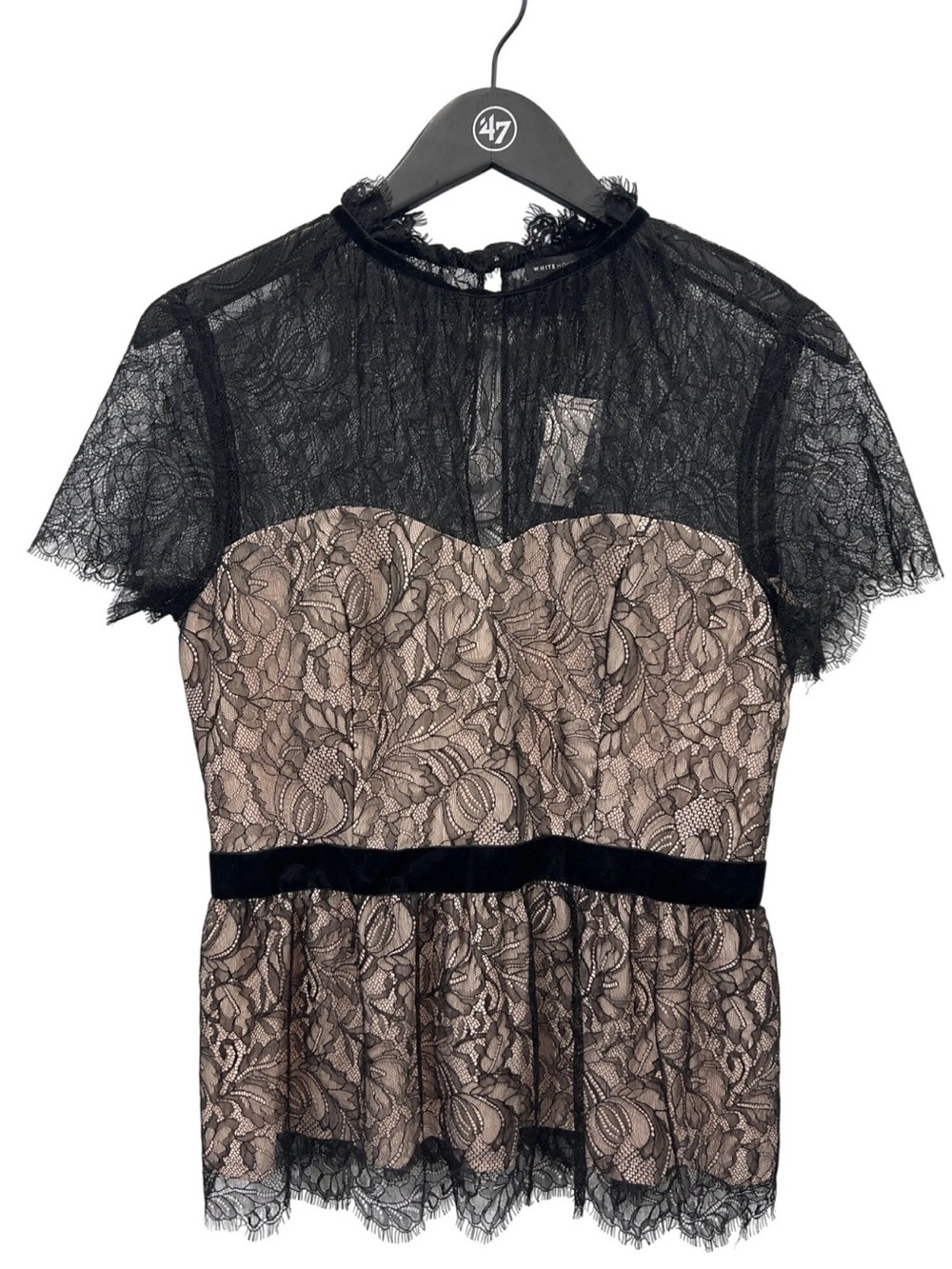 White House Black Market Black Lace Overlay with Nude Bodice Short Sleeve Top